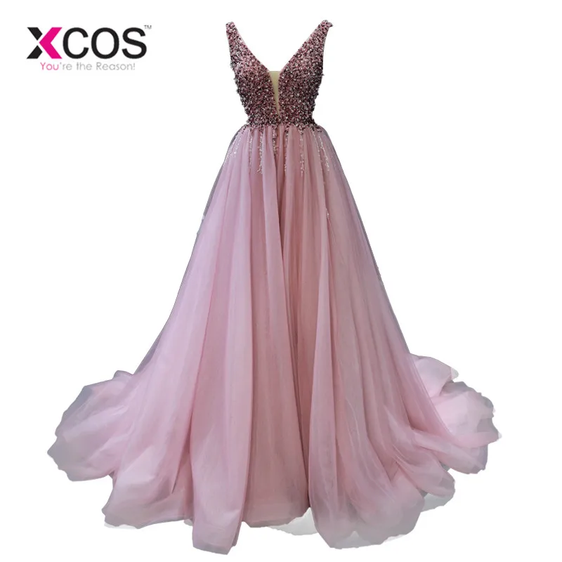 

XCOS Fashion Pink Prom Dress 2019 Crystal Beaded V Neck Tulle Elegant Long Prom Gown Sweep Train Plus Size Cheap Ddresses
