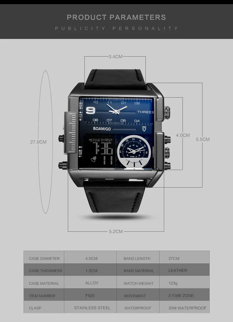 BOAMIGO Brand Fashion Black Dial Man Watch 3 Time Zone Big Rectangle Men Sport Watches Leather Band Calendar Quartz Wristwatches (28)