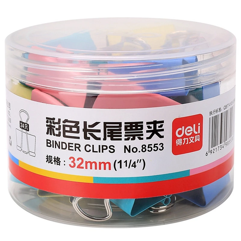 24PCS/BOX Deli 8553 binder clips 1-1/4" (32mm) color clips paper documents