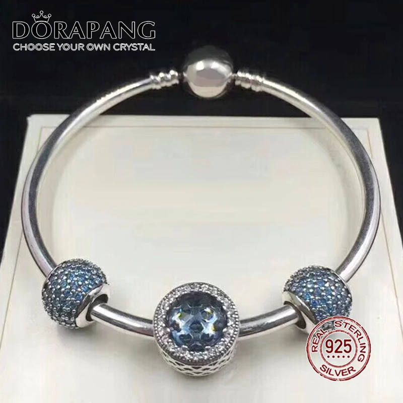 

NEW 100% 925 Sterling Silver Bracelet Blue Charm Bangles for Women With DIY Beads Modern Love Jewelry Bracelet Sets Gift