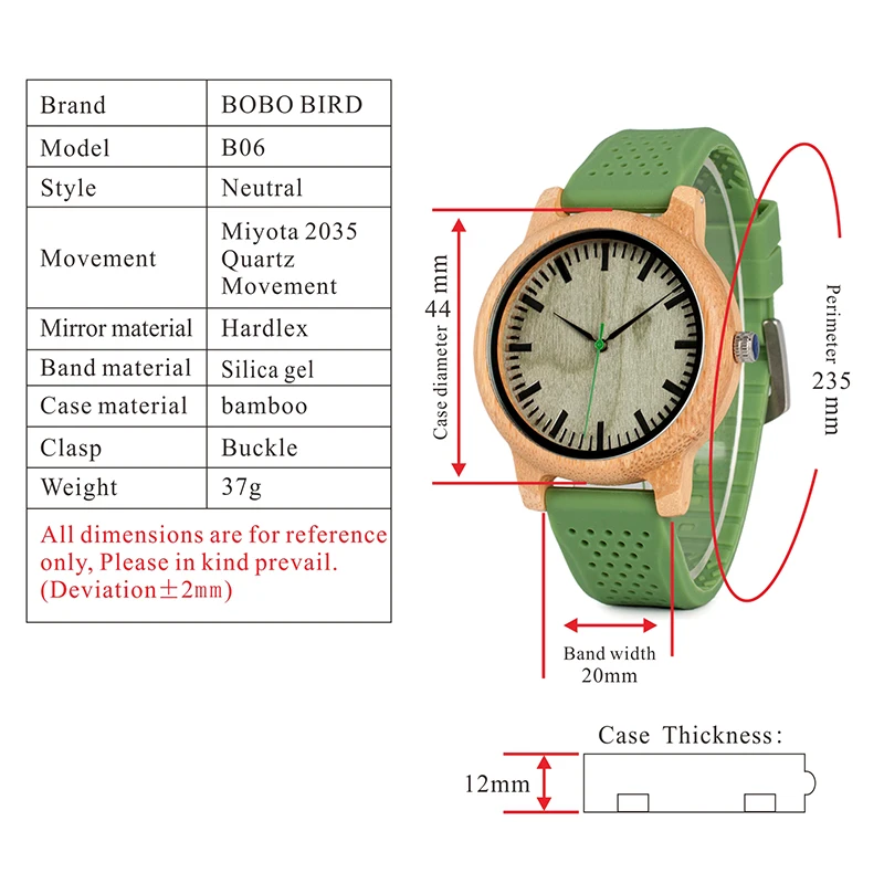 Бобо птица B06 Для мужчин кварцевые часы с силиконовым ремешком экологическая зеленая Bamboo Повседневное японский часовой механизм reloj де