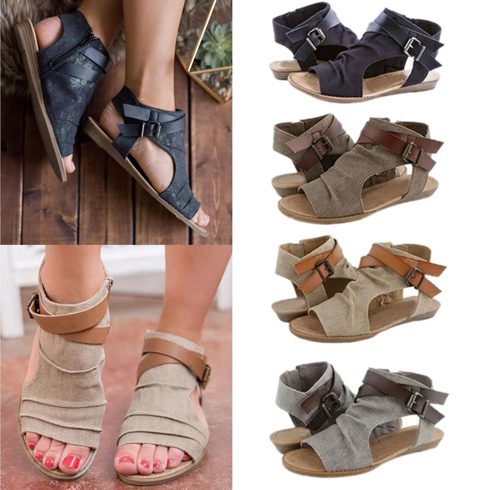 

Women's Summer Denim Flat Sandals 2019 Casual Canvas Espadrilles Open Toe Gladiator Slingback Shoes Low Heels Buckle Strap Shoes