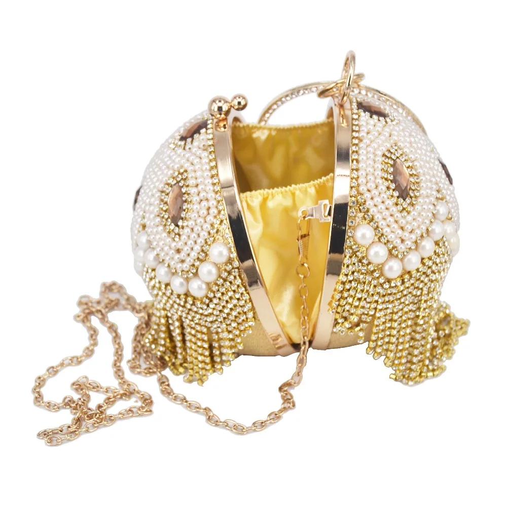 Golden Silver Beaded ball Evening Bags With tassels Women Wedding Bags Party Handbags Crystal Clutch Chain Shoulder bags