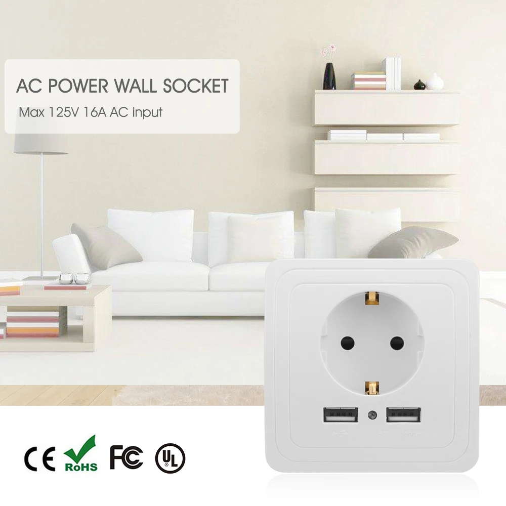 

EU Plug 16A 250V Dual USB Wall Socket Home Power Supply Outlet AC Socket Plate Panel 2.0A Support USB Smart Fast Charging