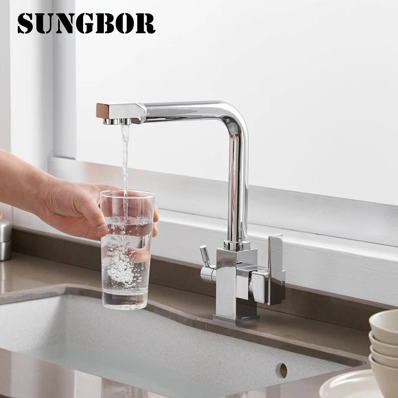 Square Filter Faucets Kitchen 3 Way Water Tap Dual Lever Kitchen Taps