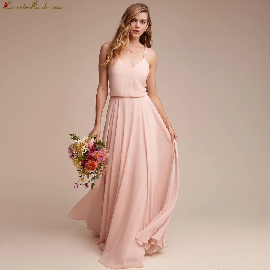 

Robe demoiselle d'honneur 2021 new chiffon spaghetti straps sexy V neck a Line blush pink wedding party dress long plus size