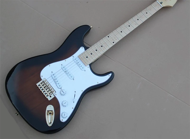 

Black-brown Electric Guitar with White Pickguard,SSS Pickups,Maple Fretboard,Gold Hardwares,offering customized services