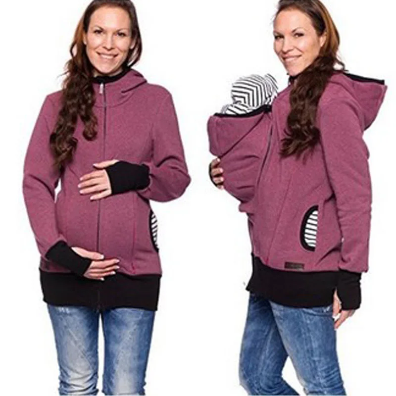 Детские зимние толстовки для беременных женщин; толстовки с капюшоном для беременных; Одежда С Карманами Кенгуру - Цвет: Фиолетовый