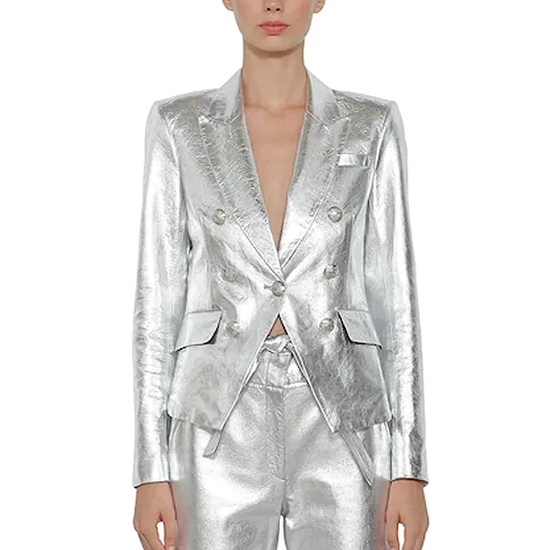 

2019 New Designer Silver Pu Leather Blazer Women Classic Double breasted Buckle Work Office Ladies Formal Plus Big Size Blazers