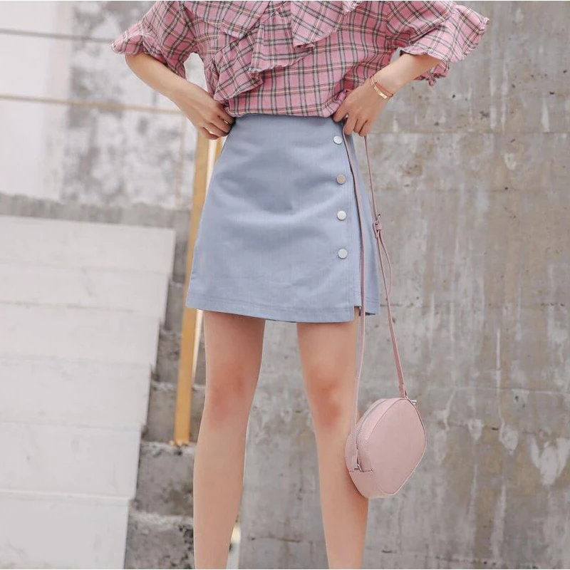 

2019 new fashion asymmetric single-breasted denim skirt short skirt fresh and sweet A-line solid skirt OLOEY XDQ194