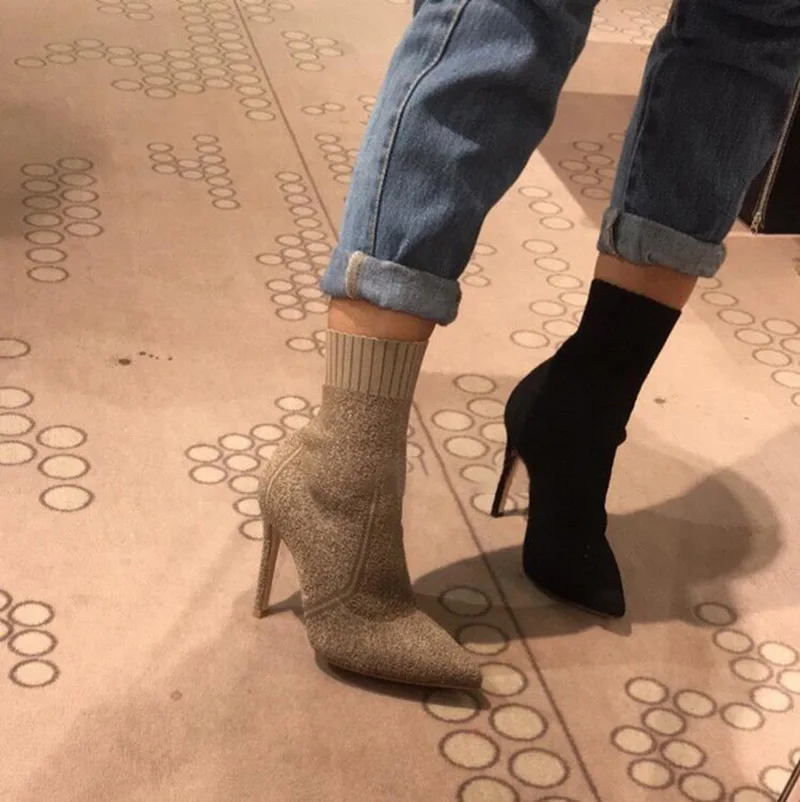 Pointed Toe Knitted Slim Stretch Sock Boots Women High Heel Stiletto Shoes Ankle Boots for Women Luxury Brand Winter Boots