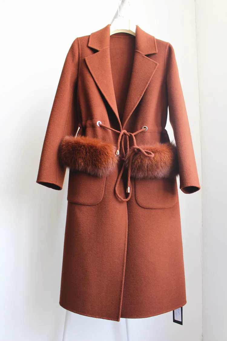Для женщин double faced Wool coat ручной работы осень зима высокого класса лисий мех карман