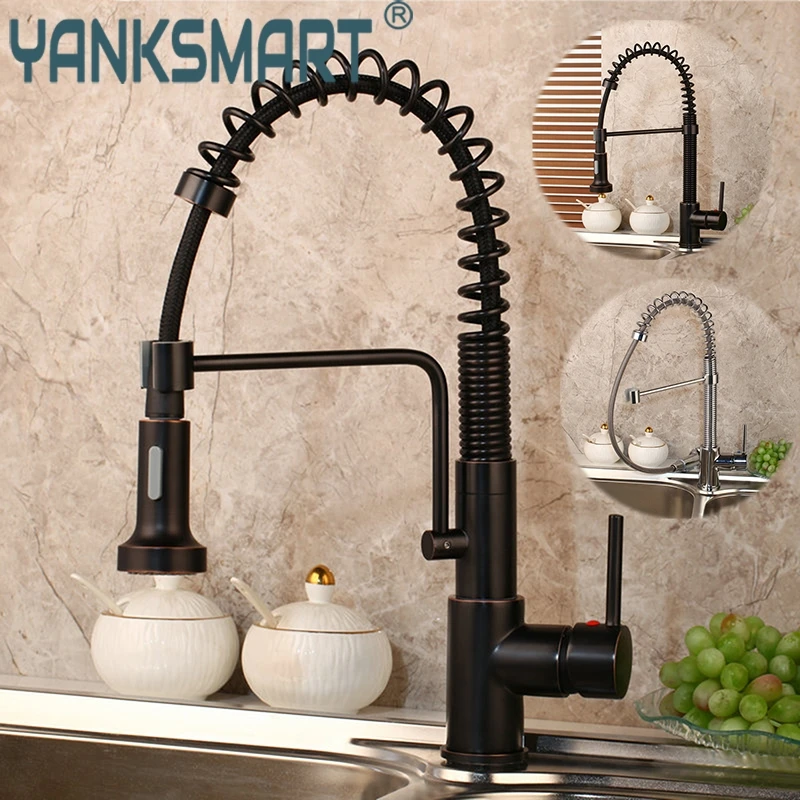 

YANKSMART Pull Out Black Faucet Black Chrome Basin Rotated Mixer Swivel Spring Stream Spray Deck Mount Kitchen Sink Faucets