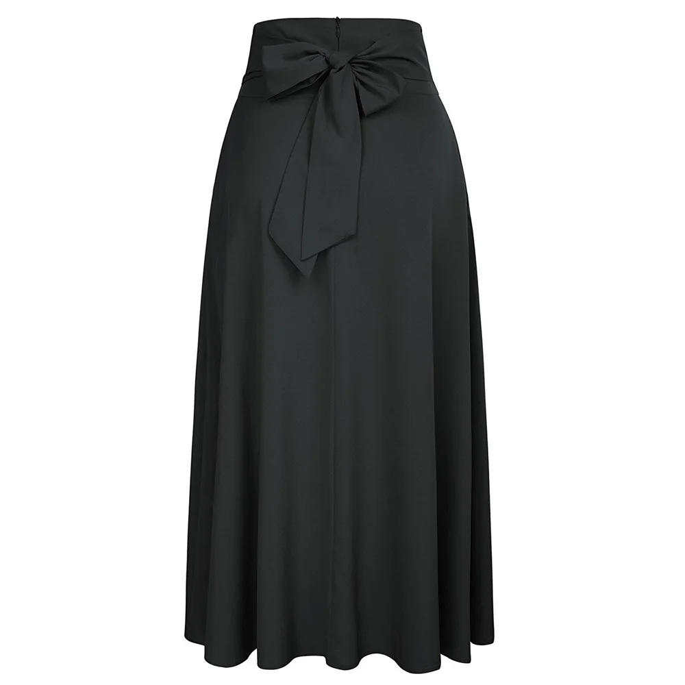 Элегантная Длинная женская юбка с высокой талией, плиссированная юбка с разрезом спереди и поясом, высокая эластичность, плиссированные юбки с карманами, S-XXL - Цвет: Черный