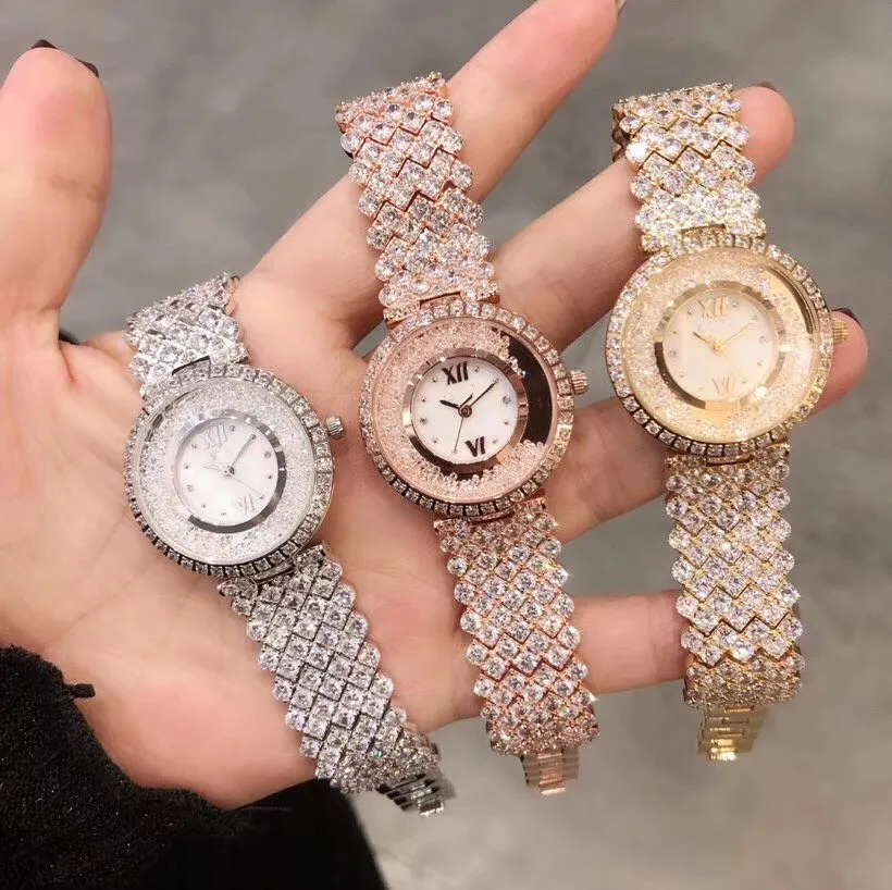 

33mm Luxury Brand full zircon moving Watch Fashion Mother Of Pearl Dial 33mm round Quartz Wrist watch Women Happy stones Watches