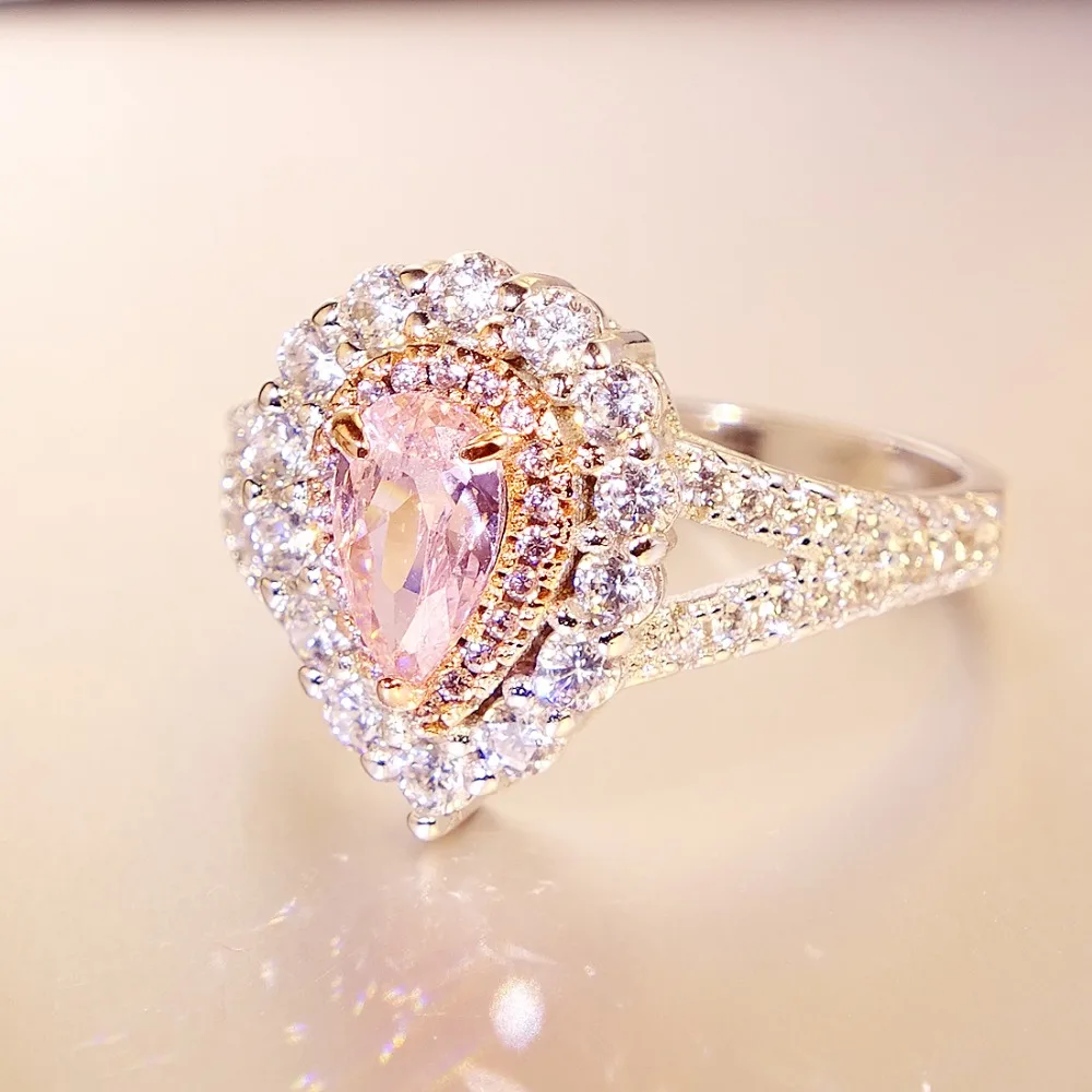 Big Pink CZ Zircon Stone Silver Rings for Women Fashion Wedding Engagement Jewelry Drop Ship 2018