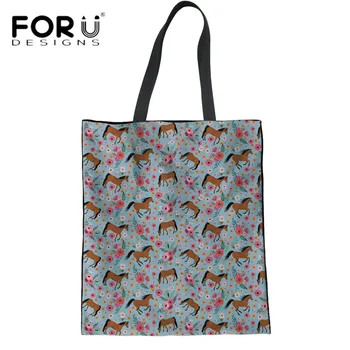 

FORUDESIGNS Arabian Horse Flower Print Women Linen Shopping Handbags Casual Eco-friendly Bags School Girls Canvas Top-handle Bag