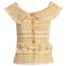 KENVY брендовая модная женская Высококачественная Роскошная тонкая летняя лимонно-желтая твидовая футболка без рукавов с кисточками