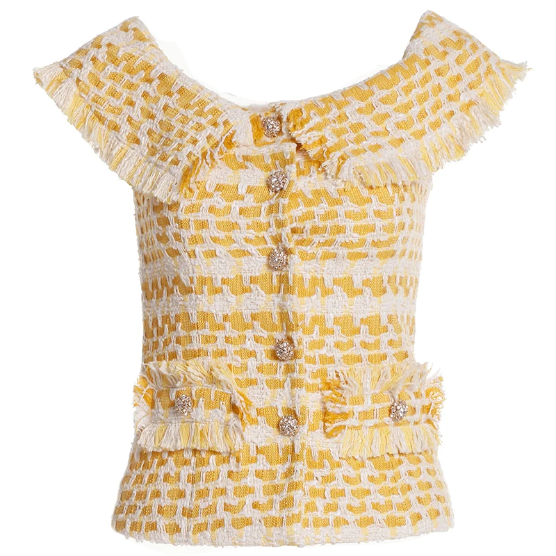 

KENVY Brand Fashion Women High-end Luxury Slim Summer Lemon Yellow Tweed Sleeveless Braided Tassel T-shirt Top