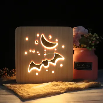 

Creative Carved Wooden LED Table Lamp 3D Bat Pattern Halloween Decoration Night Light Table Light for Bedroom Living Room Gifts