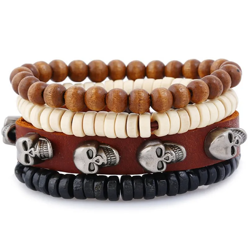 Мужской кожаный браслет Cuir Homme Pulsera Hombre мужской с черепами и деревянными бусинами