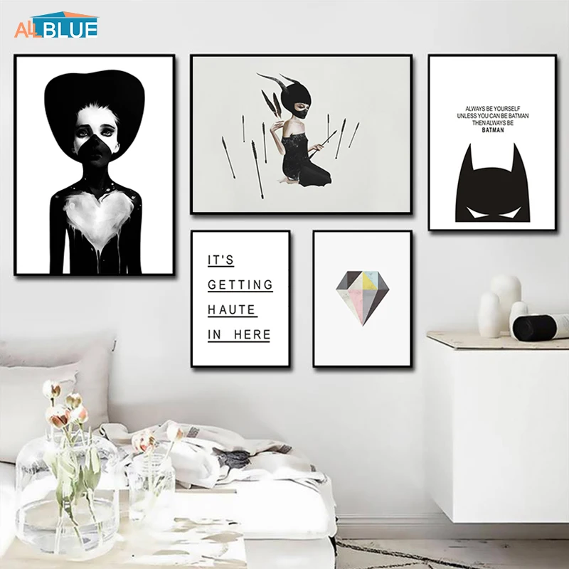 

Nordic Poster Black and White Girl Heart Diamond Batman Wall Art Canvas Prints Wall Pictures For Living Room Cuadros Home Decor