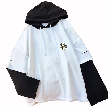 

Cute Womens Sweatshirt Autumn Long Sleeve Harajuku Kawaii Dragon Ball Hooded Pullover Loose Casual Splicing Drop Shoulder Hoodie