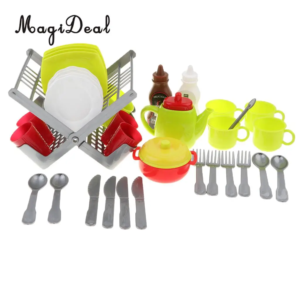 Durable Kids Children Pretend Play Dish Set (34 Pieces/ Set) with Drainer