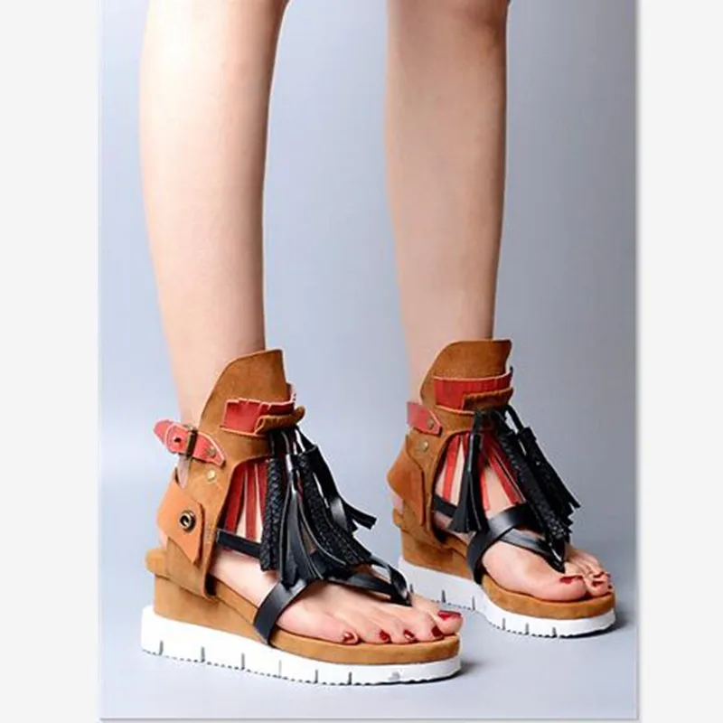 

2017 New Real Leather Mixed Color Gladiator Sandals Women Buckle Strap Design Fringe Thick Bottom Wedges Bohemia Ladies Sandals