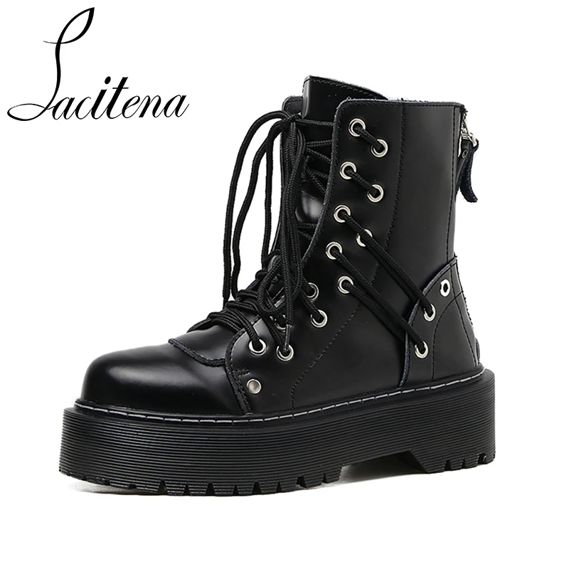 

Punk Round Toe Motorcycle Booties Hollow Iron Ring Chunky Shoes Women Platform Martin Boots