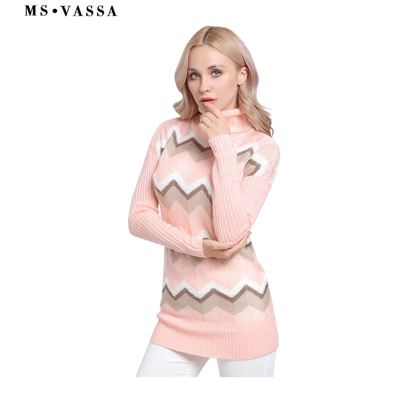 MS VASSA Plus size Sweaters Ladies 2018 New Knitted stripe Women pullovers Autumn Winter Turtleneck jumpers oversized 5XL