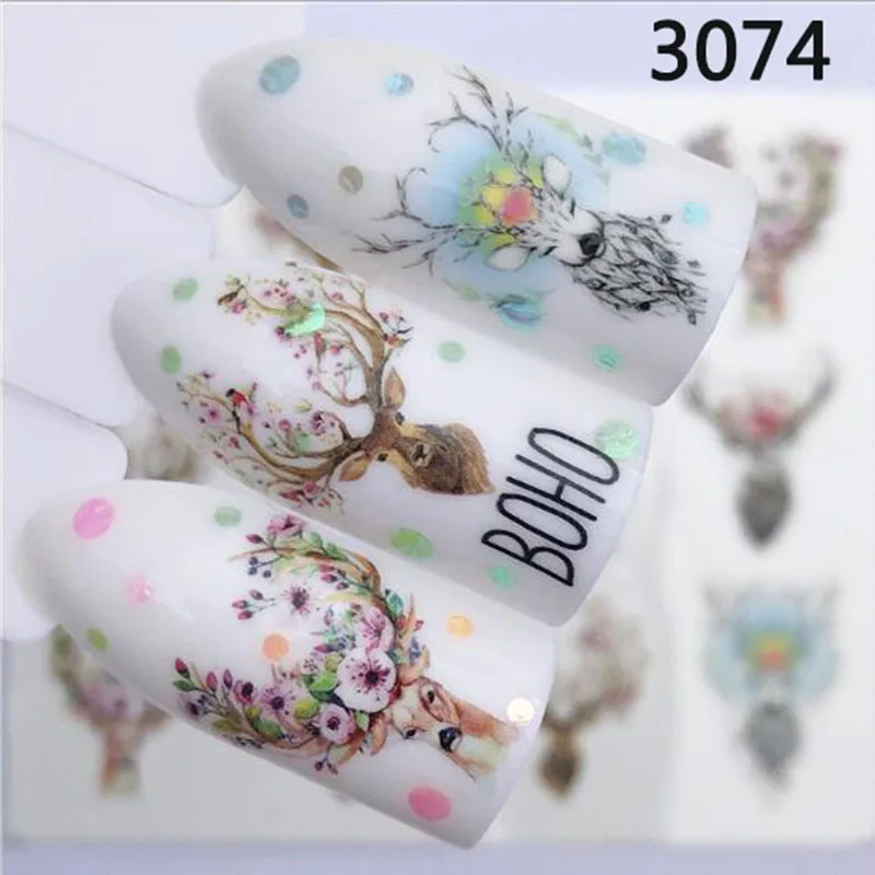 

3D Animal Transfer Stickers For Nails Full Wraps Animals Elk wolf Environmentally Manicure Flowers Decals Design