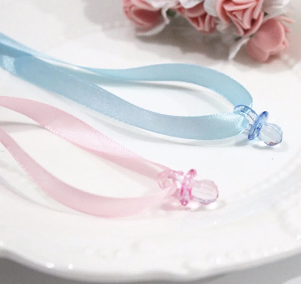 100pcs Pink/blue Ribbon with acrylic pacifiers for Baby Shower DIY