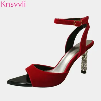 

New Luxurious Rhinestone High Heels Sandals Women Red Velvet Ankle Buckle Strap Sexy Party Shoes Woman Summer Sandalias Mujer
