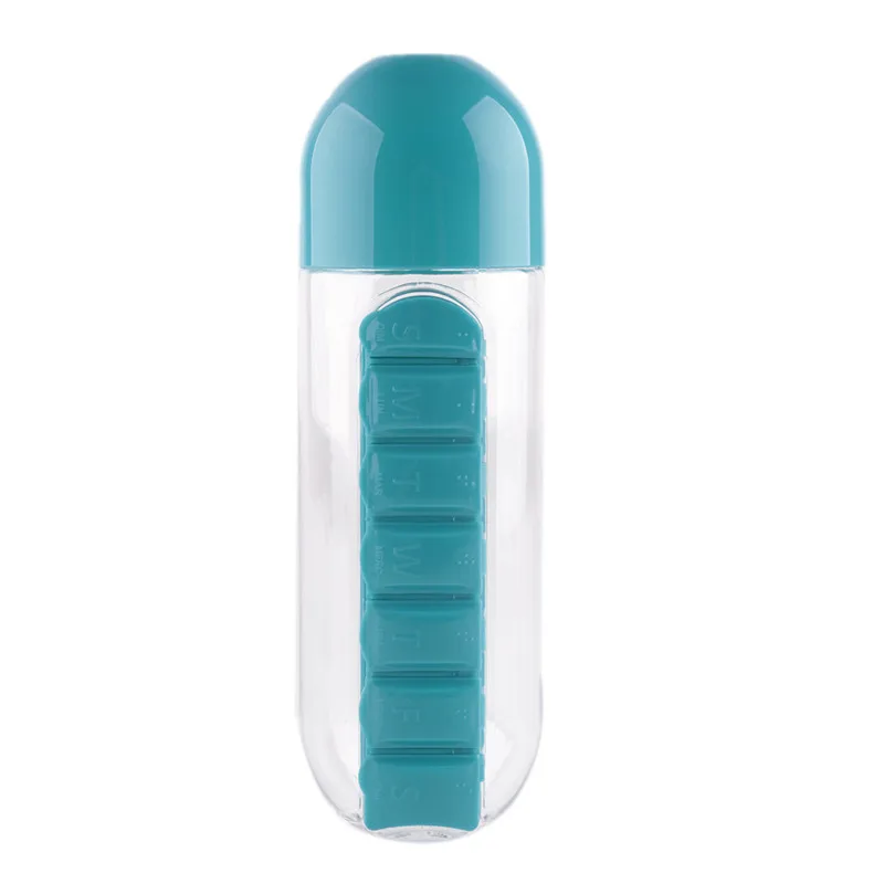 600 мл Спортивная бутылка для воды Bpa бесплатно тритановый пластиковый Garrafa удобный с ежедневной коробкой для таблеток органайзер для туристического похода - Цвет: Blue