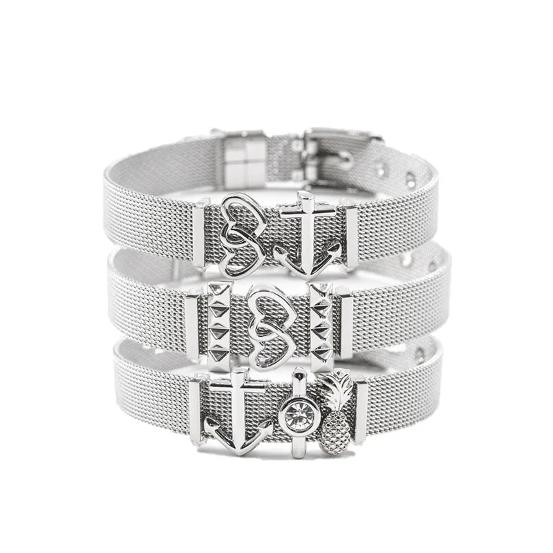 

SANSHOOR Dropshipping Silver Stainless Steel Mesh Charms Bracelet Set with Rubber preventer and hot selling DIY Charms as Gift