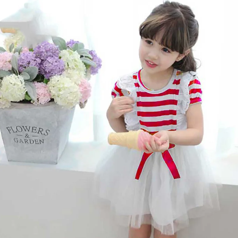 

2016 Summer New Girls Cotton Striped Princess Dresses Kids Gauze One-Piece Girl Lovely Tutu Dress Chilidren Evening Dress