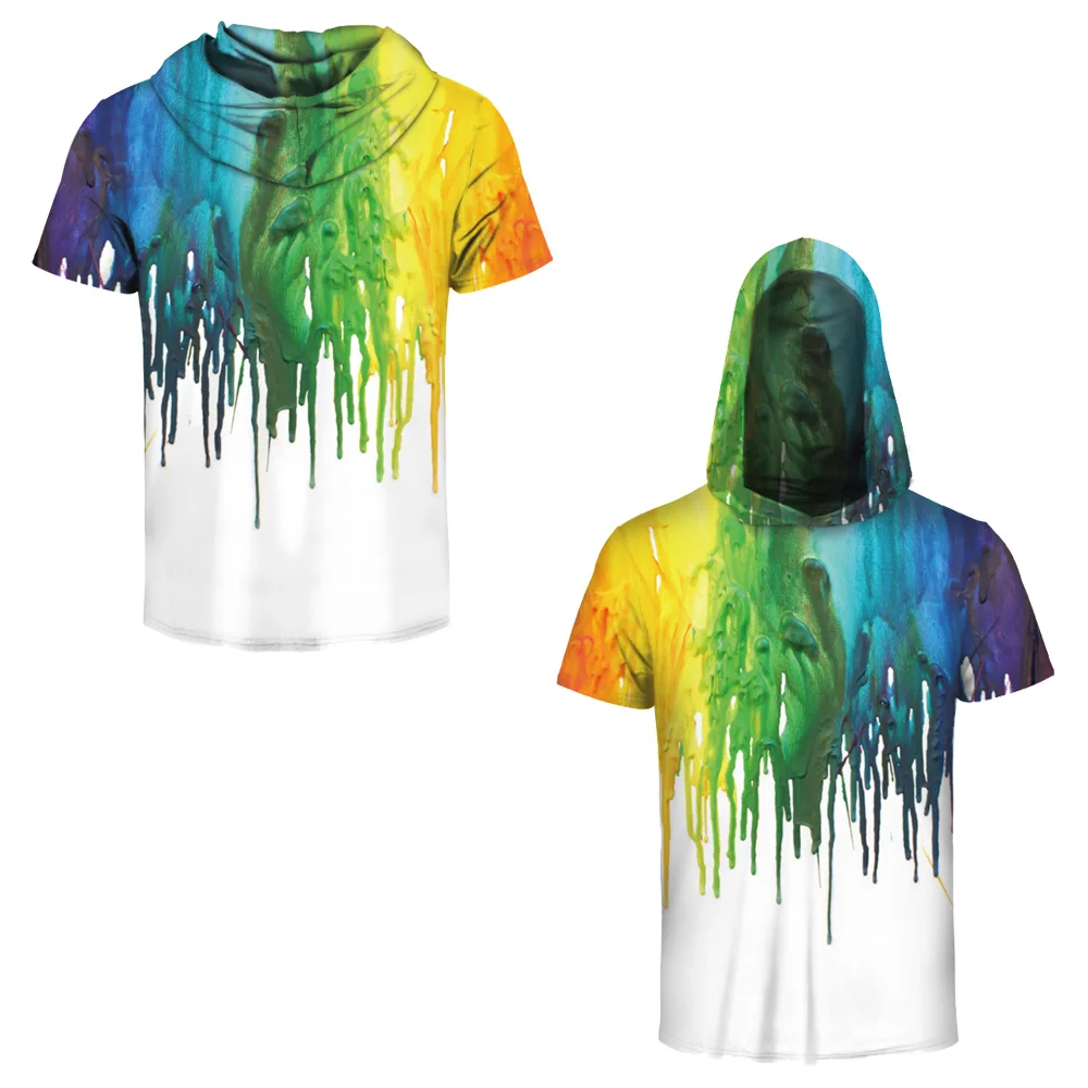 Colorful Paint Dripping Men Streetwear Hoody Tees Trend Skateboarding Hoodie T shirts Short 