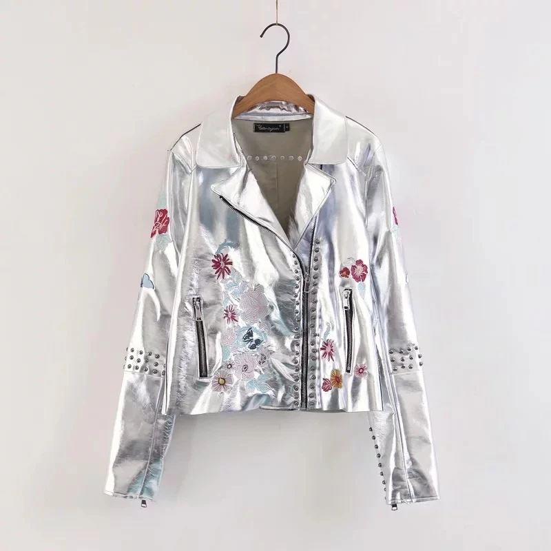 Женская кожаная куртка бомбер с вышивкой и заклепками|pu jacket|leather bomber jacket womenrivet
