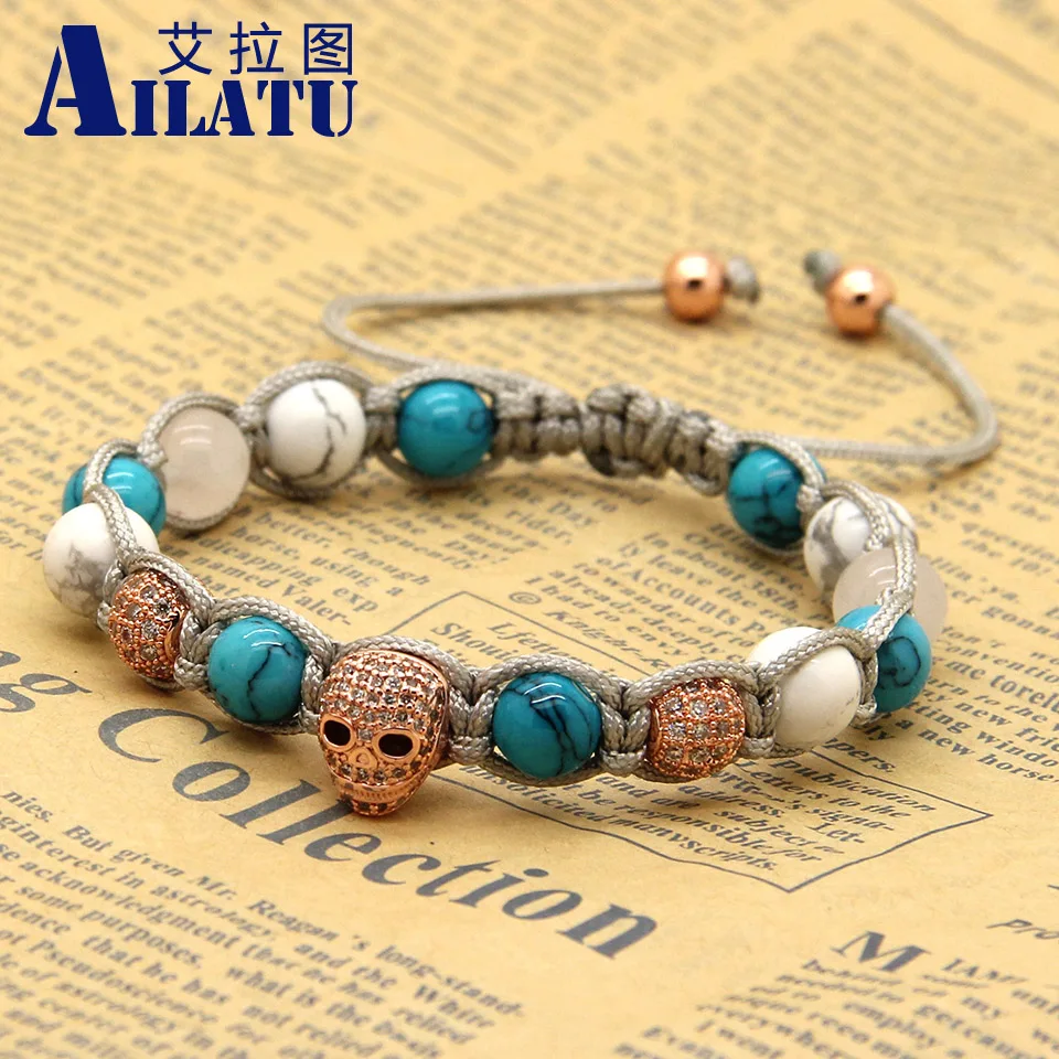 Ailatu 8 мм белый Howlite камень прозрачный CZ Сердце Череп Плетеный Европейский