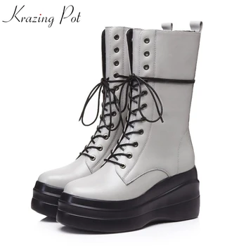 

Krazing Pot 2019 full grain leather round toe cross-tied Chelsea boots wedges waterproof leisure rivets long mild-calf boots L92