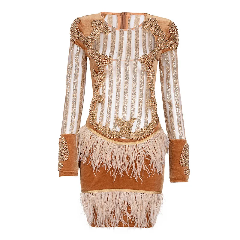2018 New Product Network Red Fund Party Dress Nail Pearl Tassels Feather Heavy | Женская одежда
