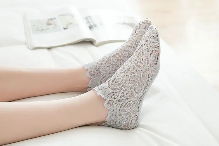 5 пара/лот, летние женские кружевные шелковые сетчатые короткие носки с цветочным рисунком Нескользящие невидимые тонкие носки до лодыжки