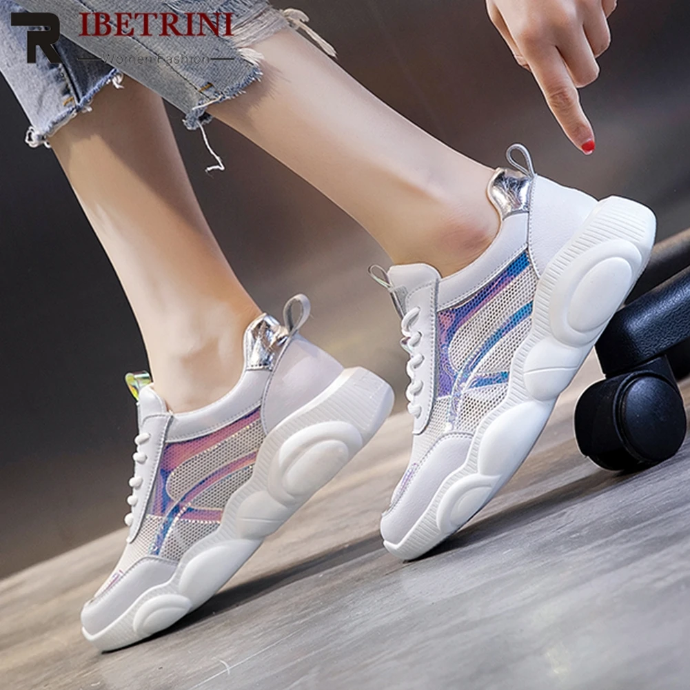 

RIBETRINI New Arrivals 2019 Genuine Cow Leather Ins Hot Sneakers Woman Shoes Lace Up Flat Platform Shoes Woman Vulcanize Shoe