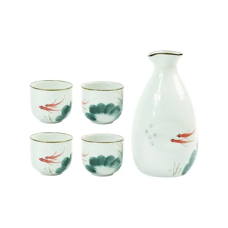 Japanese Ceramic Sake Warmer Set – Tokkuri Pot & 4 Cups, Traditional Style, Light Green