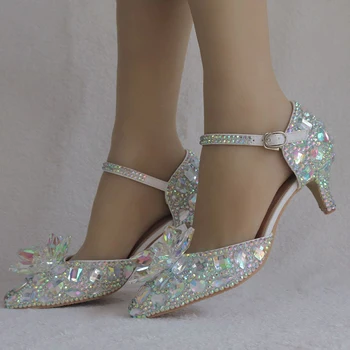 

2019 New Designer Crystal Cinderella Prom Party pumps Pointed Toe 2 Inches Middle Heel with Buckle Wedding Party Shoes Size 10