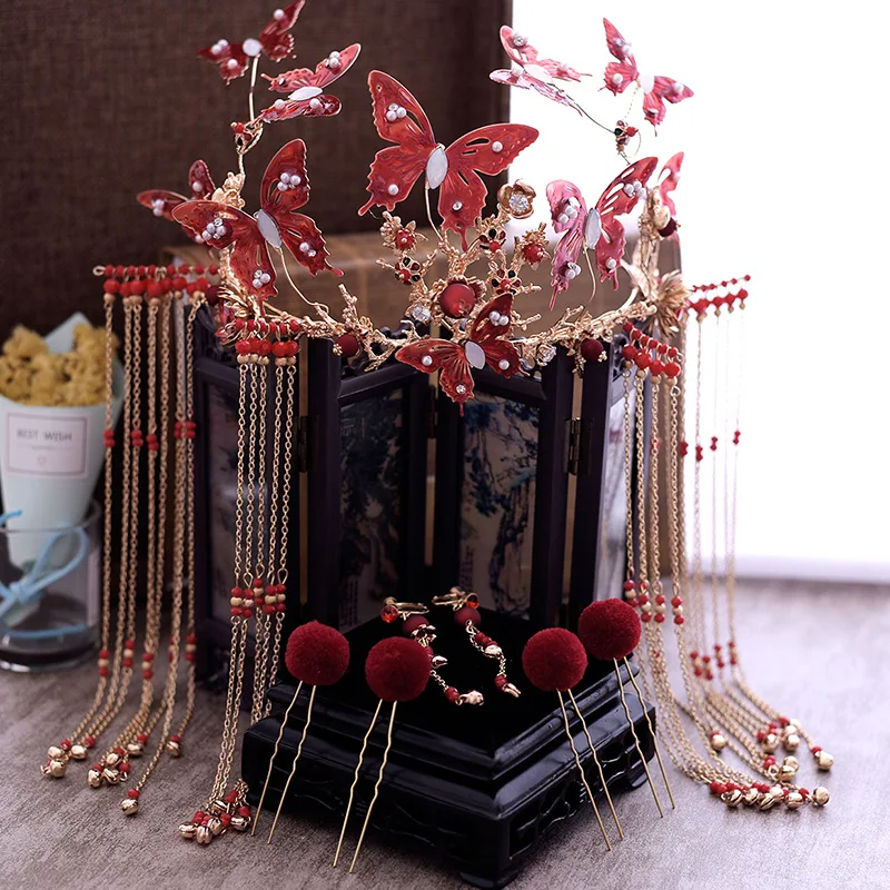 

Chinese red butterfly bride headdress wedding tiara costume hair suit atmospheric existing wedding hair accessories wholesale