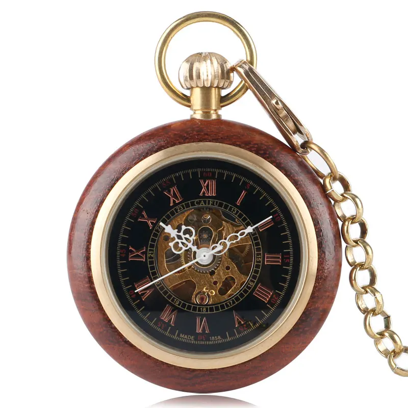 Деревянные Механические карманные часы ретро Рука обмотки полые Скелет Vintag для мужчин подарок толстые цепочки и ожерелья Fob кулон