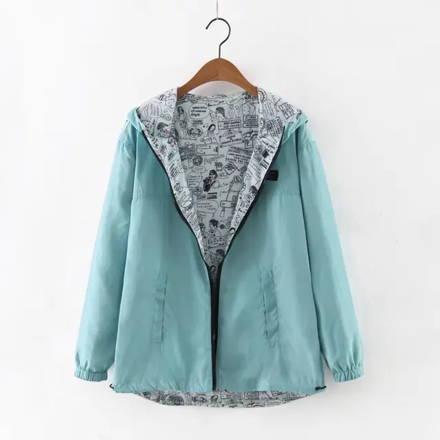 US $12.59 FEKEHA 2019 Autumn Women Bomber Basic Jacket Pocket Zipper Hoodies Women Two Side Wear Cartoon Prin
