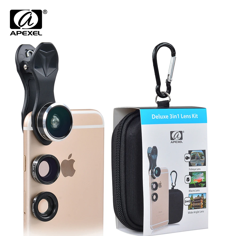 APEXEL fisheye 3in1 объектив камеры Kit 198 Fisheye + 0.63x Широкий формат и 15X макрообъектив для iPhone